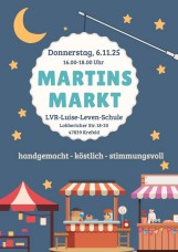 Einladungsplakat mit Laterne, Mond, Sternen und Marktständen, Martinsmarkt am 06.11.25, 16-18 Uhr