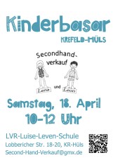 Plakat mit den Daten zum Kinderbasar am 18. April, 10 bis 12 Uhr, mit Link zum Padlet der Sch&uuml;lerfirma Lena und Leon, Abbildung von 2 Kindern
