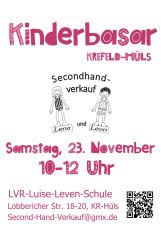 Plakat mit den Daten zum Kinderbasar am 23. November, 10 bis 12 Uhr, mit Link zum Padlet der Schülerfirma Lena und Leon, Abbildung von 2 Kindern