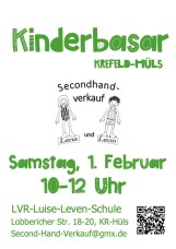 Plakat mit den Daten zum Kinderbasar am Sa, 01.02.25, 10 bis 12 Uhr, mit Link zum Padlet der Schülerfirma Lena und Leon, Abbildung von 2 Kindern