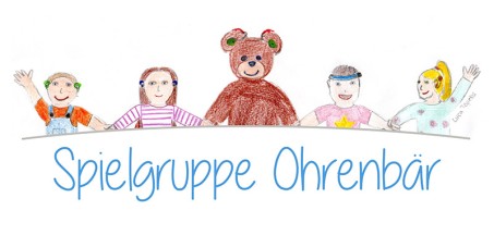 Logozeichnung Ein brauner Bär steht in der Mitte von Kindern