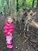 Ein Mädchen schaut in Richtung der Kamera. Drei Rehe stehen am Zaun, da sie gefüttert wurden.