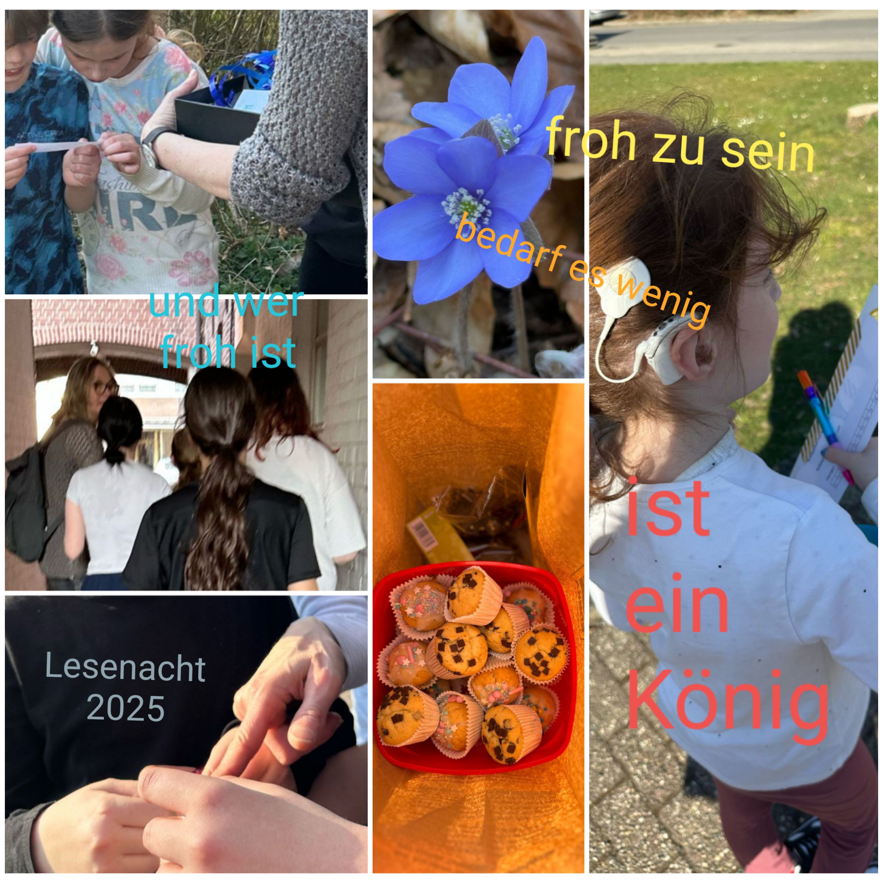 Eine Collage mit sechs verschiedenen Bildern. Es sind Kinder zu sehen, Muffins und Blumen. 