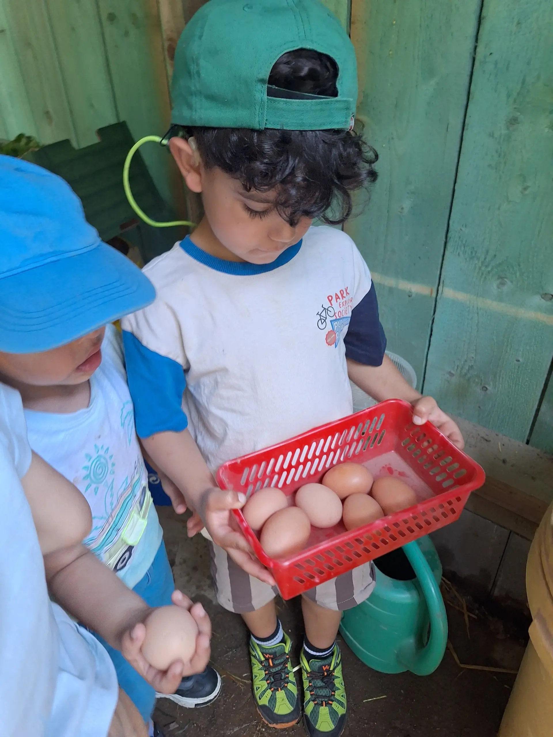 Kinder halten Eier und einen Korb mit mehreren Eiern in der Hand