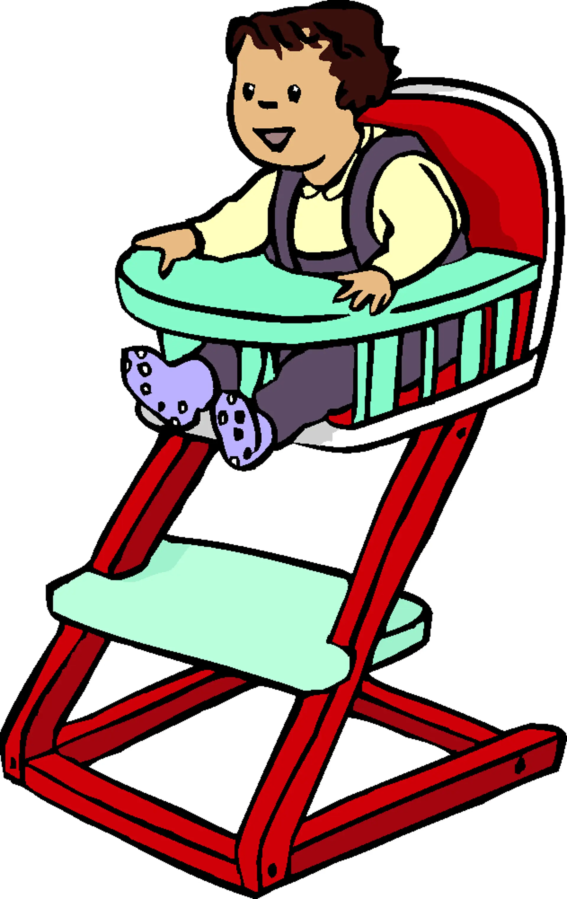 Ein Baby sitzt auf einem Baby-Hochstuhl und streckt fröhlich seine Arme und Beine nach vorne