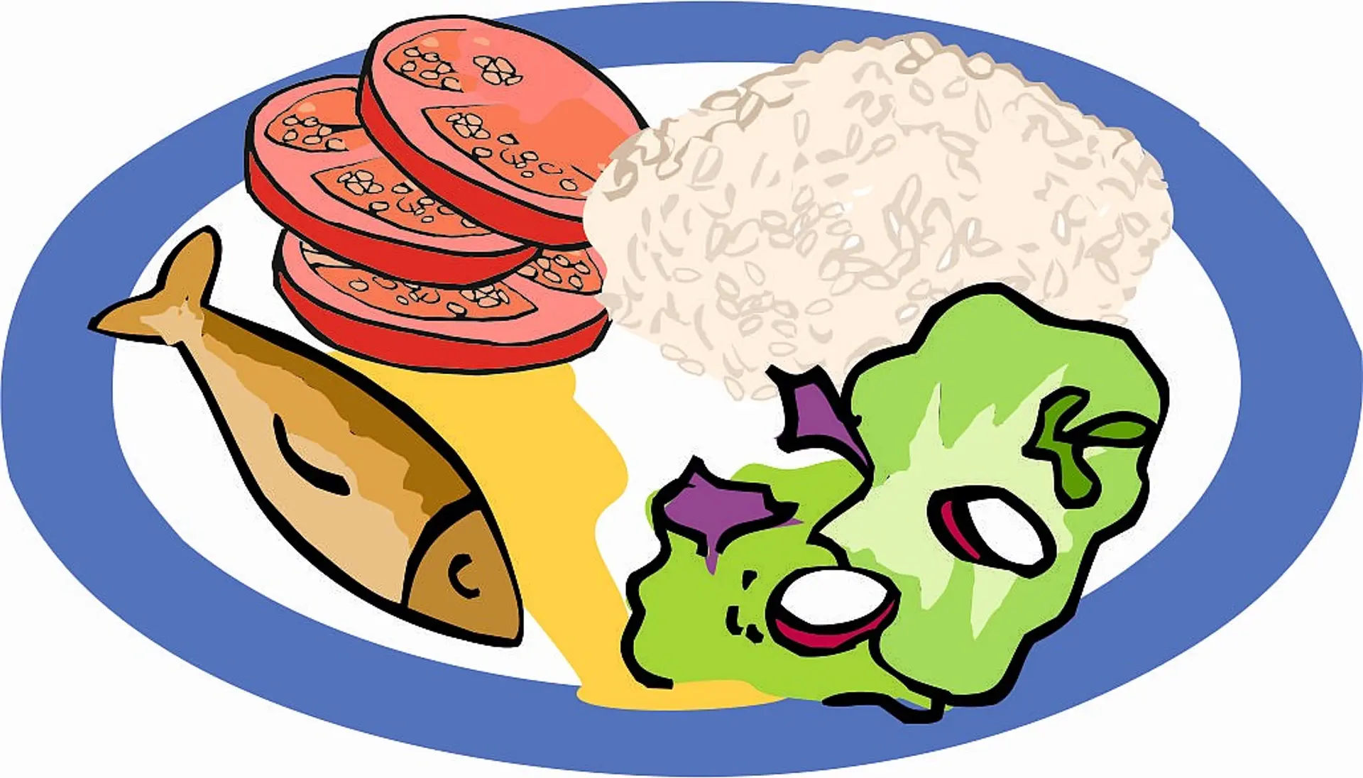 Illustration von einem Teller, auf dem Fisch mit Reis, grüner Salat und Tomatenscheiben zu sehen sind