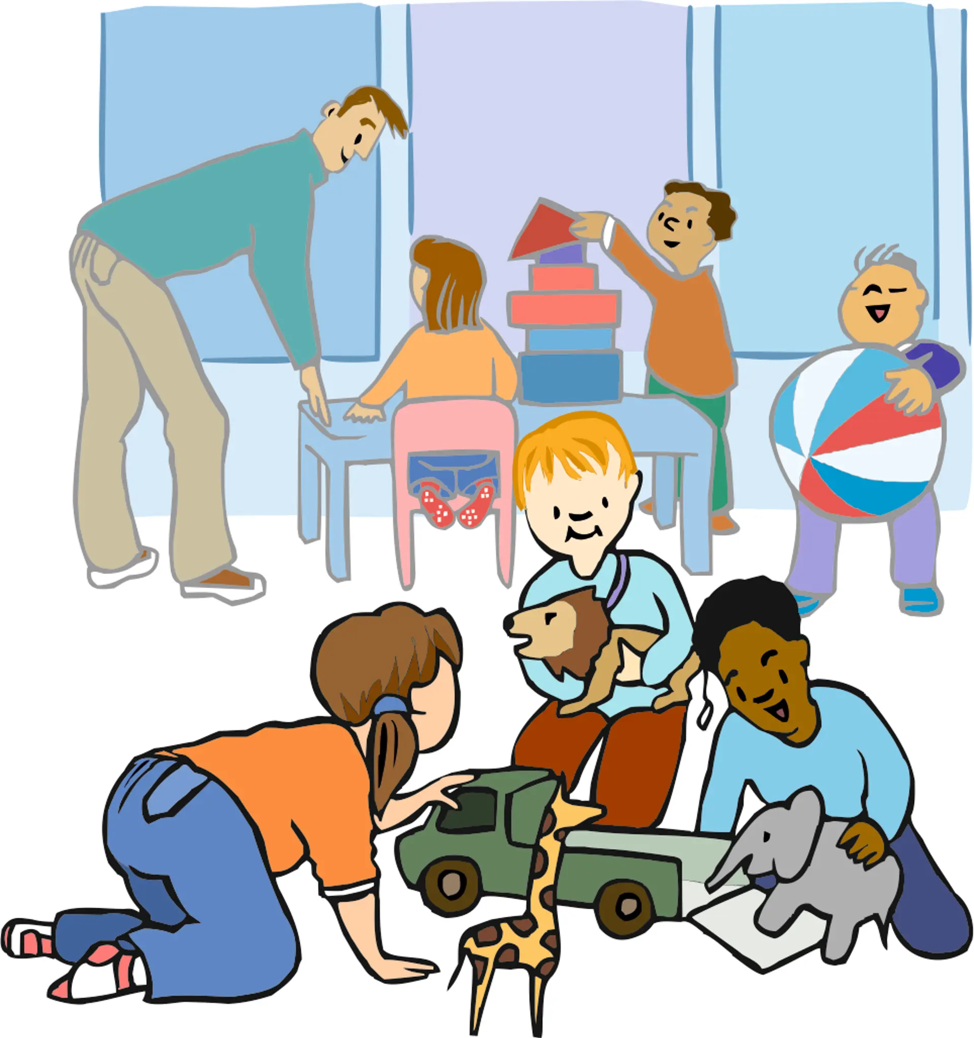 Illustration einer Gruppe kleiner Kinder, die auf dem Boden mit Stofftieren spielen. Im Hintergrund spricht ein Mann mit weiteren Kindern, die an einem Tisch spielen