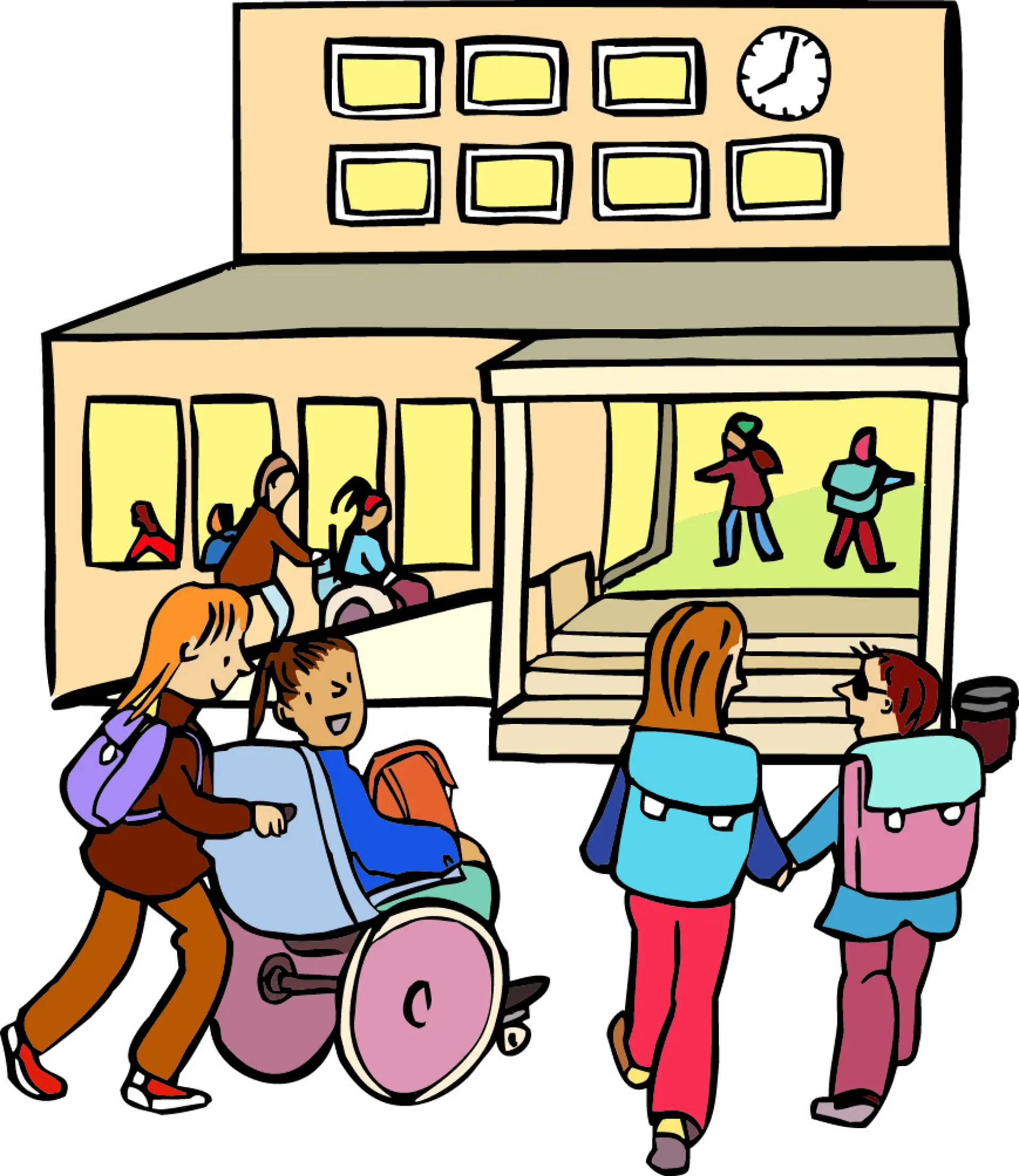 Viele Kinder gehen in Richtung Schuleingang. Manche sind zu Fuß, eines davon ist blind, ein Kind sitzt im Rollstuhl