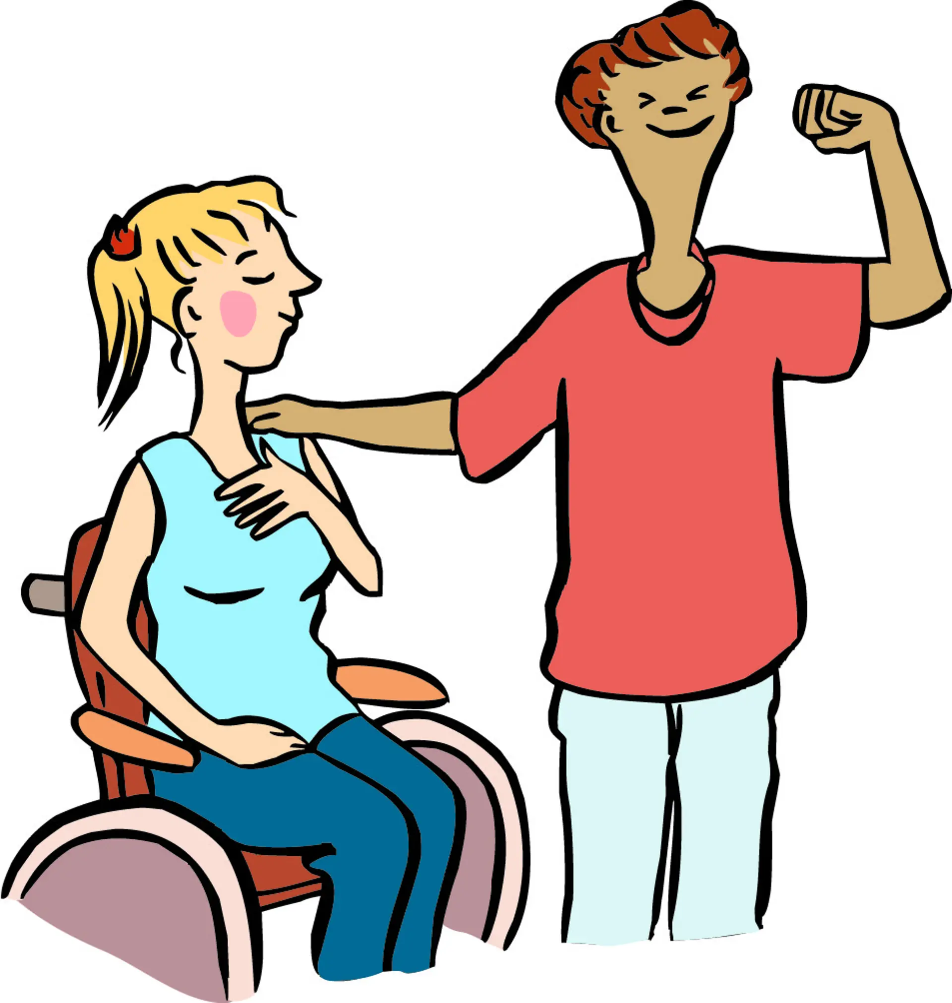 Eine junge Frau im Rollstuhl und ein junger Mann stehen nebeneinander, lächeln und haben die Augen zu. Sie wirken so, als ob sie zufrieden mit sich selbst sind