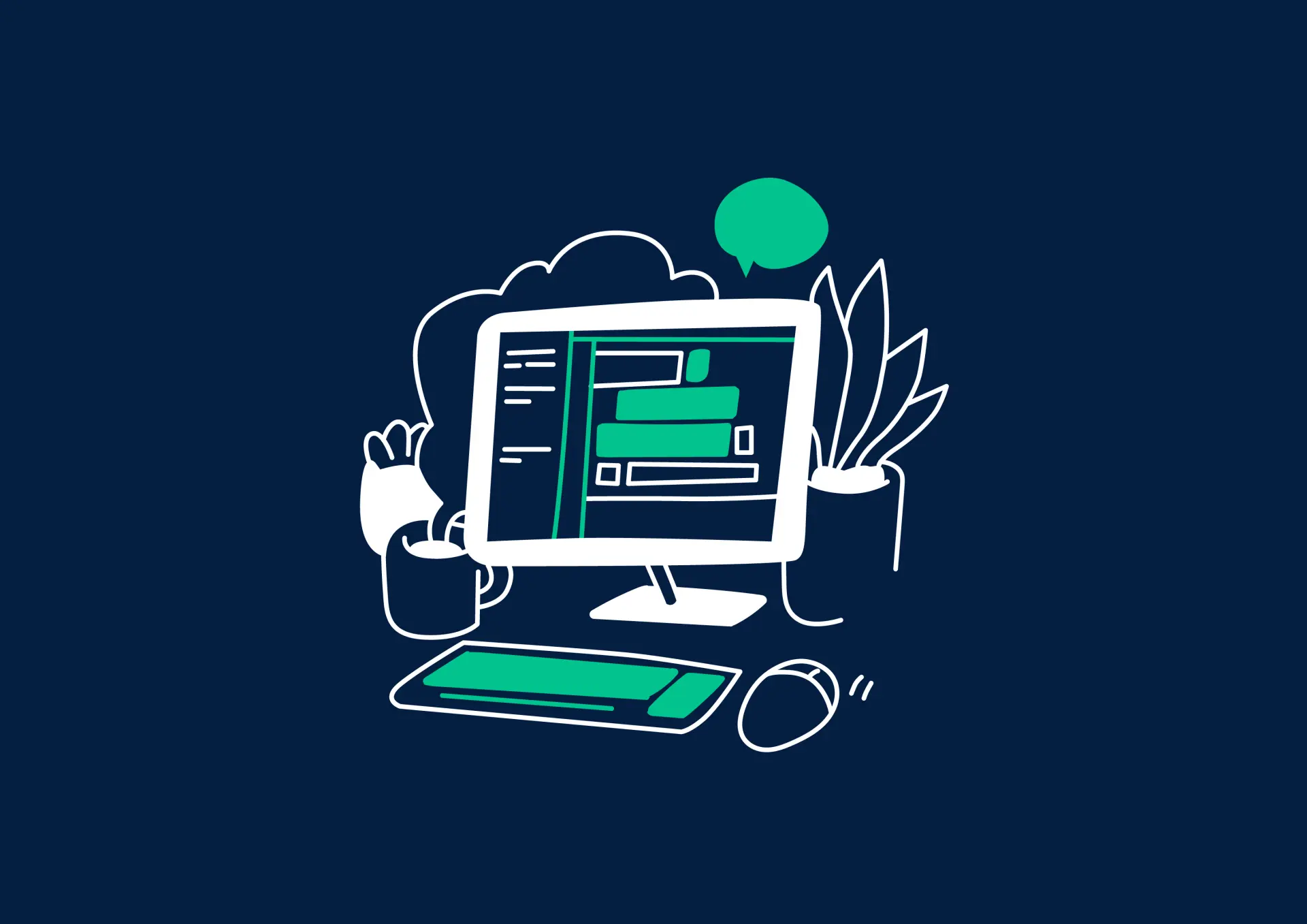 Illustration eines Computers mit einer Maus und Tastatur auf blauem Hintergrund