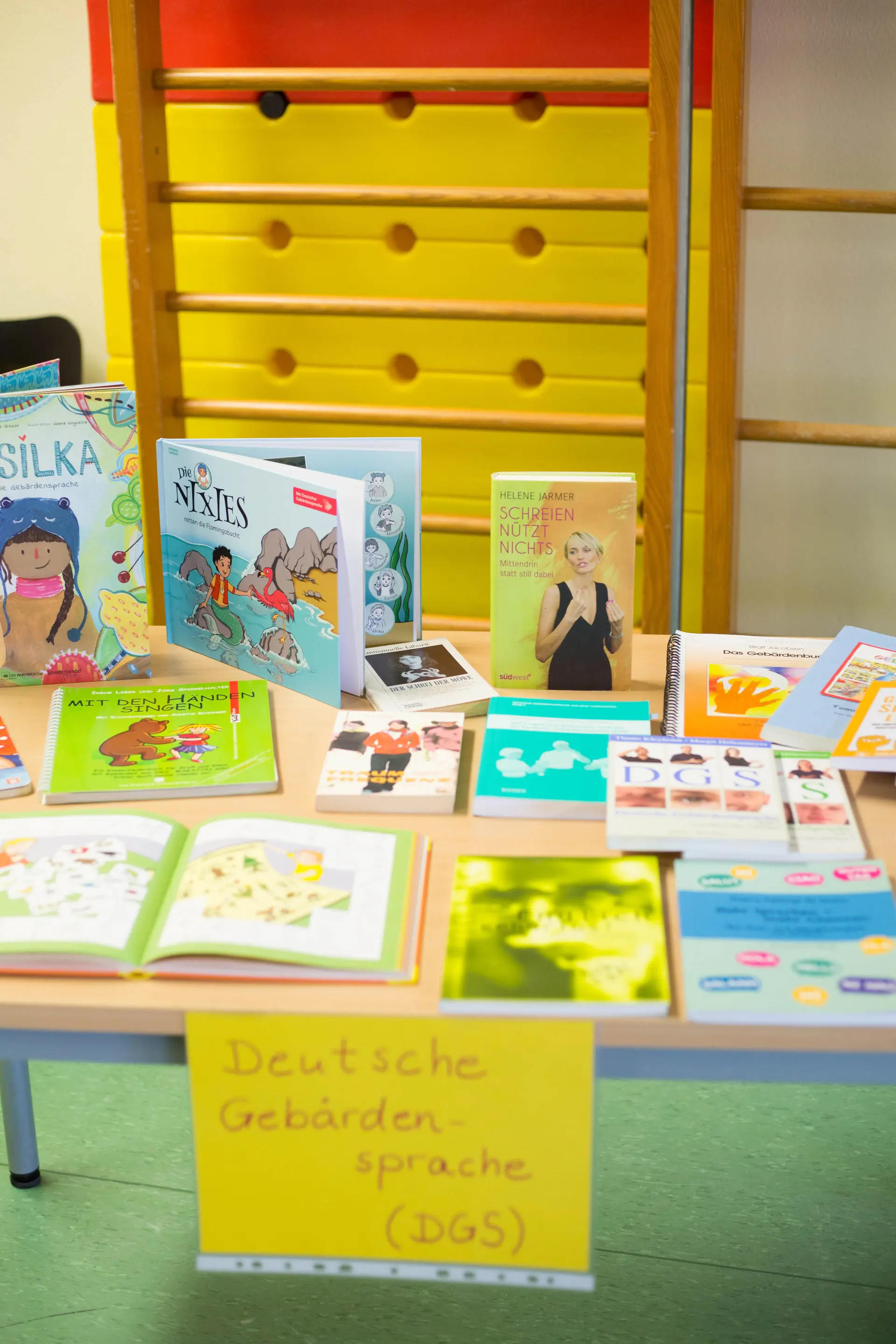Auf einem Tisch liegen Bücher zum Thema Deutsche Gebärdensprache für Kinder und für Erwachsene