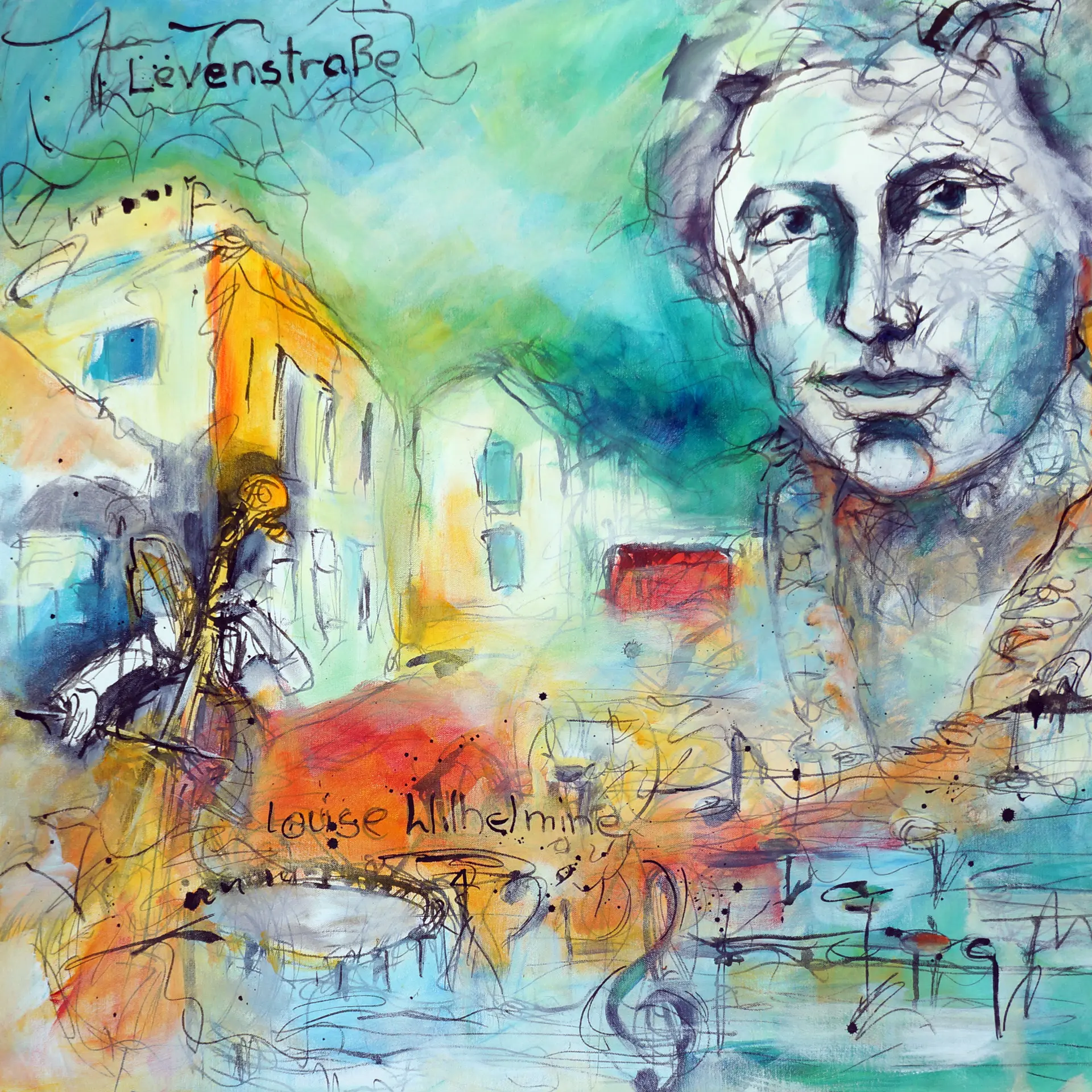 Zeichnung eines Frauenkopfes und einer nicht erkennbaren Person, die Cello spielt, Häuser und Noten, Text: Levenstraße, Luise Wilhelmine