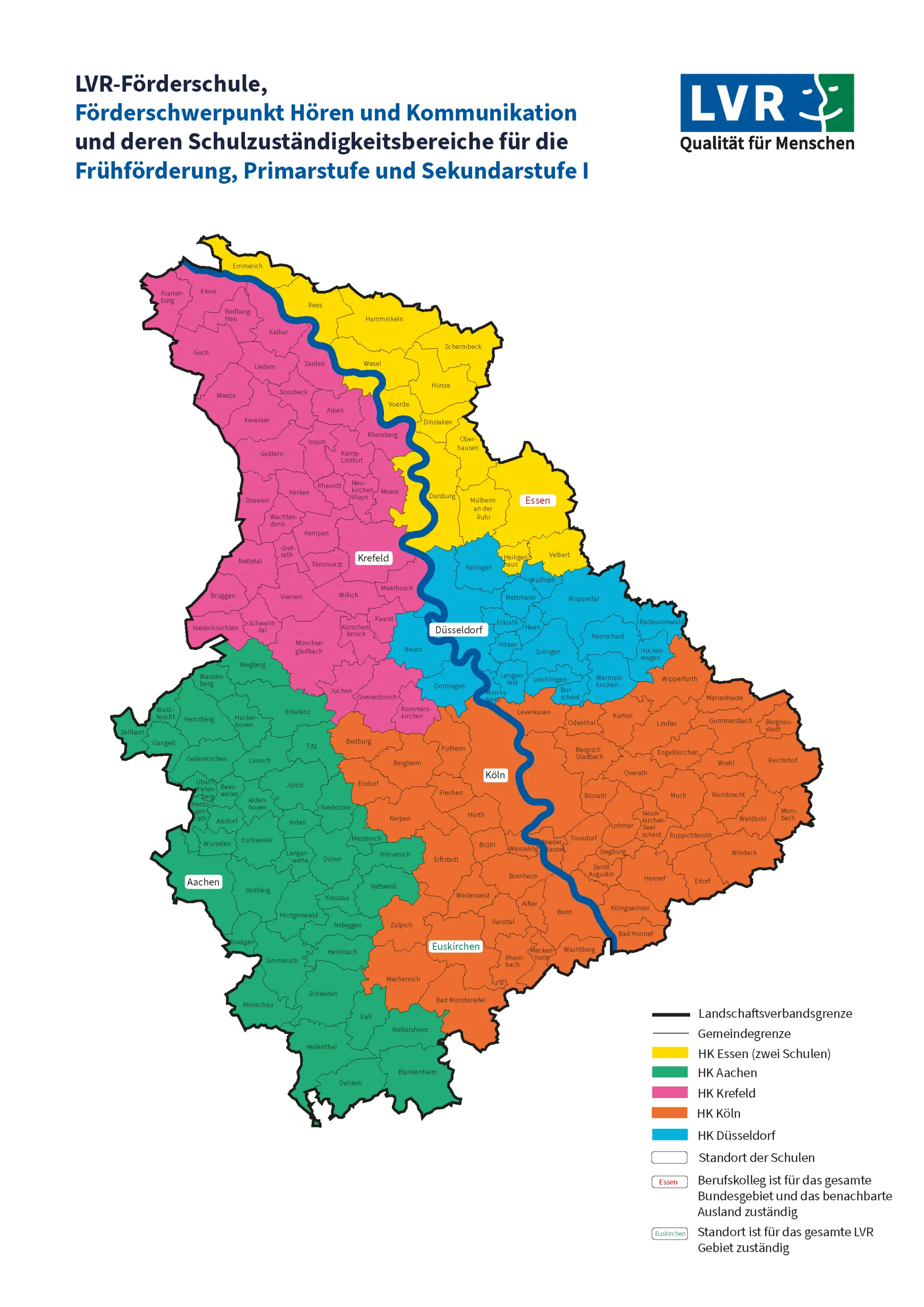 Karte der Schulzuständigkeitsbereiche der LVR-Förderschulen mit dem Förderschwerpunkt Hören & Kommunikation