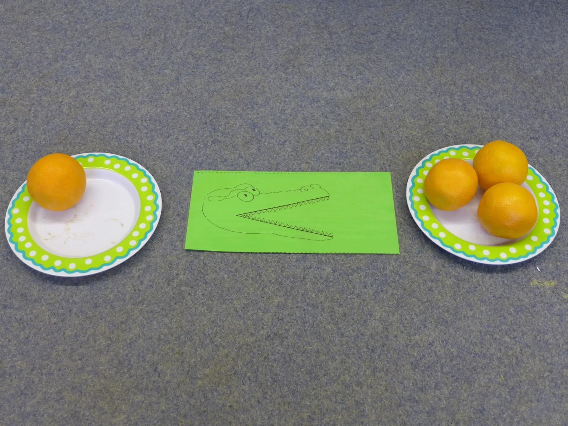 Spielerisches Lernen: Zwei Teller mit links einer und rechts drei Orangen zum Verständnis von mehr oder weniger